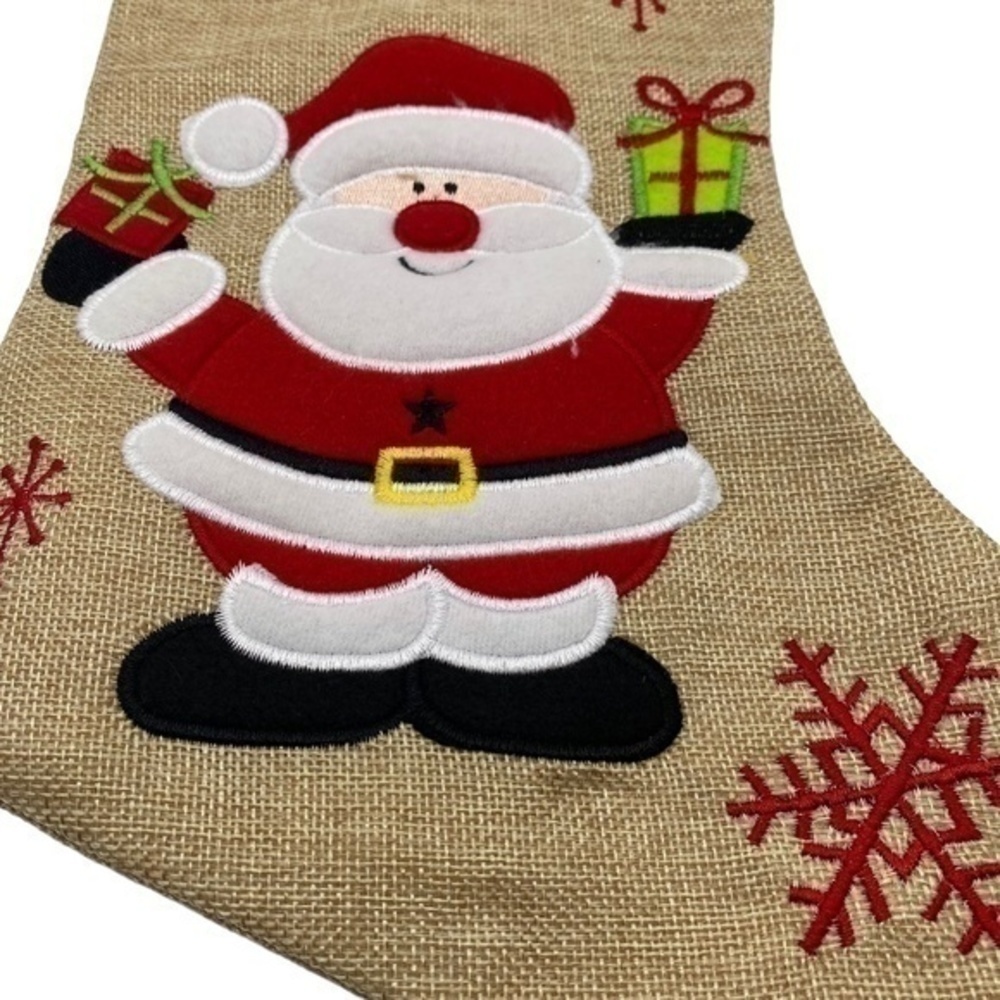 NWOT Merry Christmas Santa Gifts Embroidered Burlap Lined Stocking - Picture 3 of 5